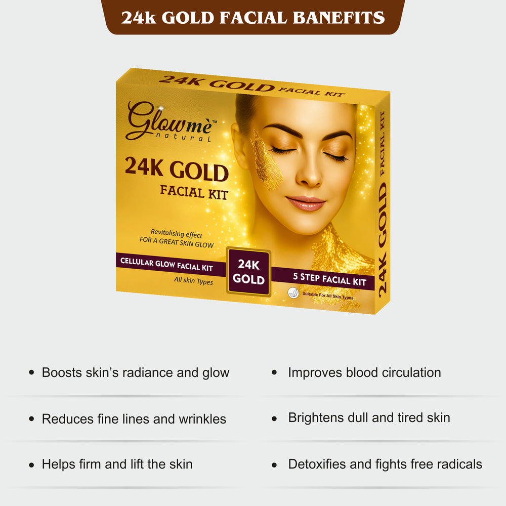 Glowme 24K Gold Facial Kit packaging with benefits listed on a white background