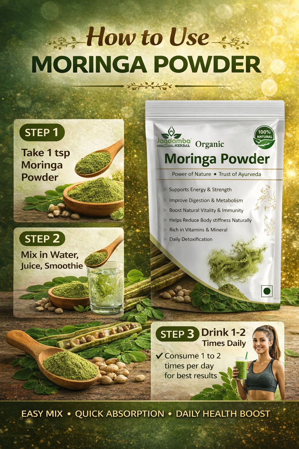 Organic Moringa Leaf Powder  100% Pure & Natural | Daily Superfood for Immune Support, Energy & Wellness