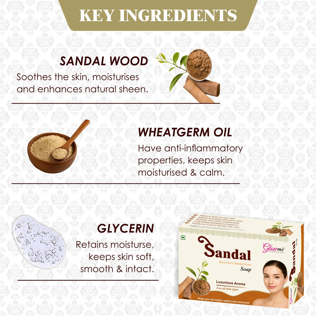Natural sandalwood and wheat germ oil ingredients in Glowme Sandal Soap
