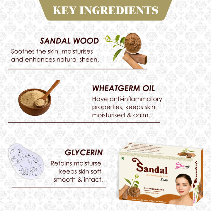 Natural sandalwood and wheat germ oil ingredients in Glowme Sandal Soap