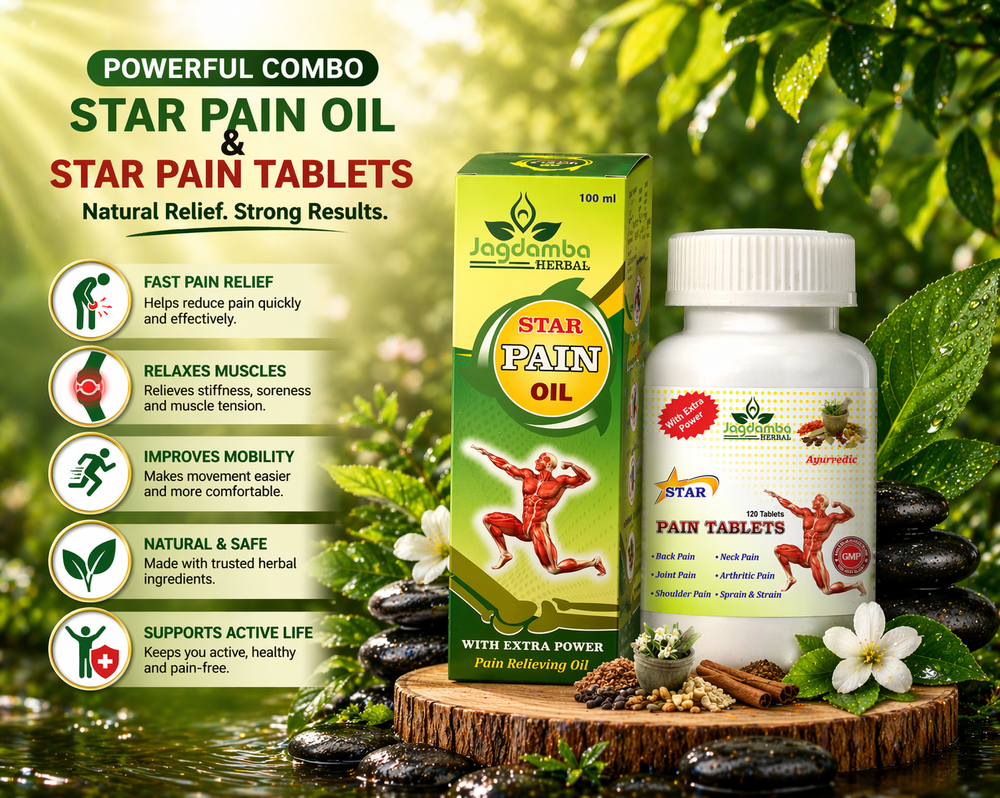 Star Pain Oil and Tablets packaging with natural elements on a wooden platform.