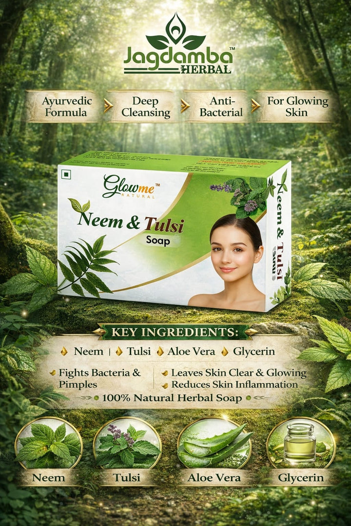 Glowme Neem & Tulsi Soap packaging with Jagdamba Herbal branding against a forest background.