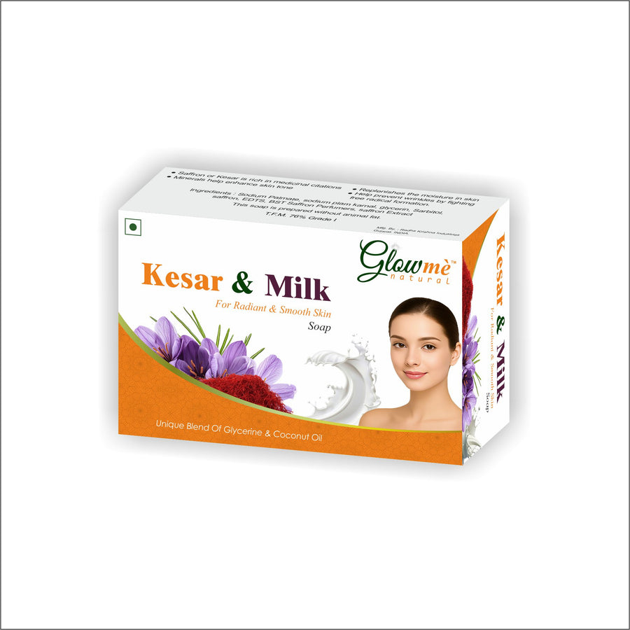 Kesar & Milk soap packaging with a woman's face and flowers on a white background