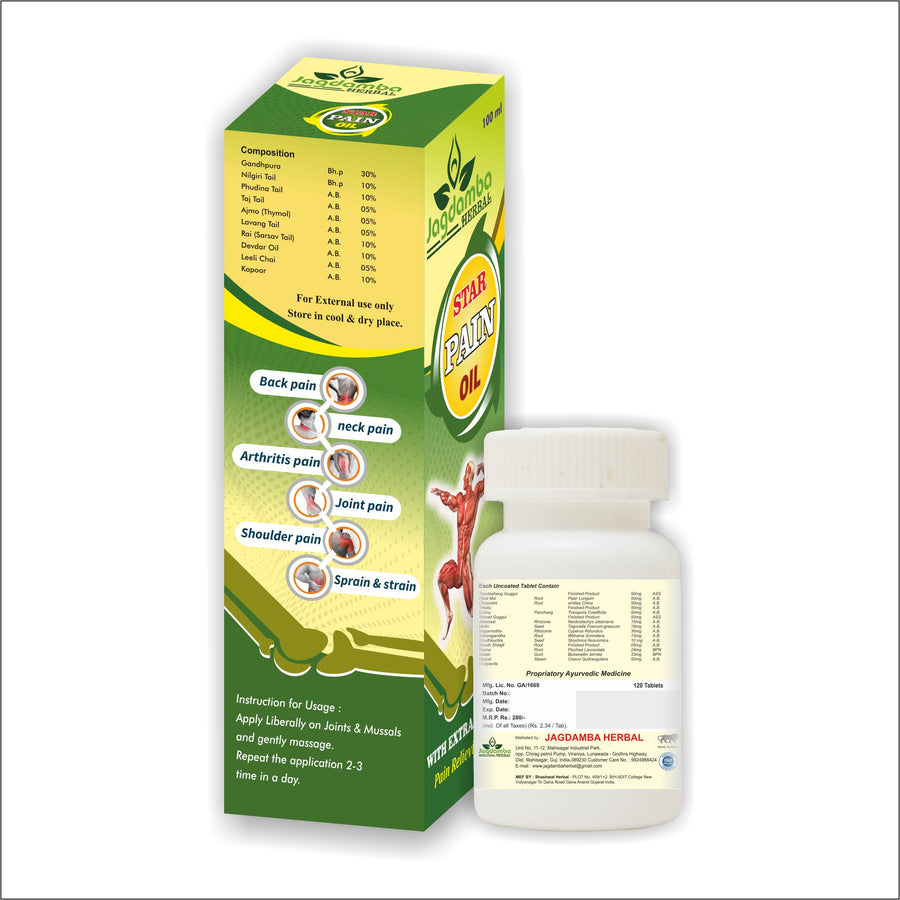 Herbal pain relief product packaging with bottle and box on a white background