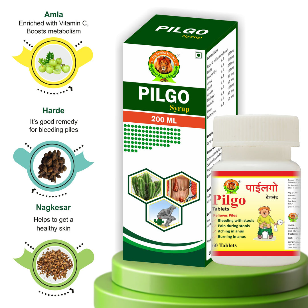 Jagadamba Herbal Pilgo Syrup and Tablets - Effective Ayurvedic Solution for Piles